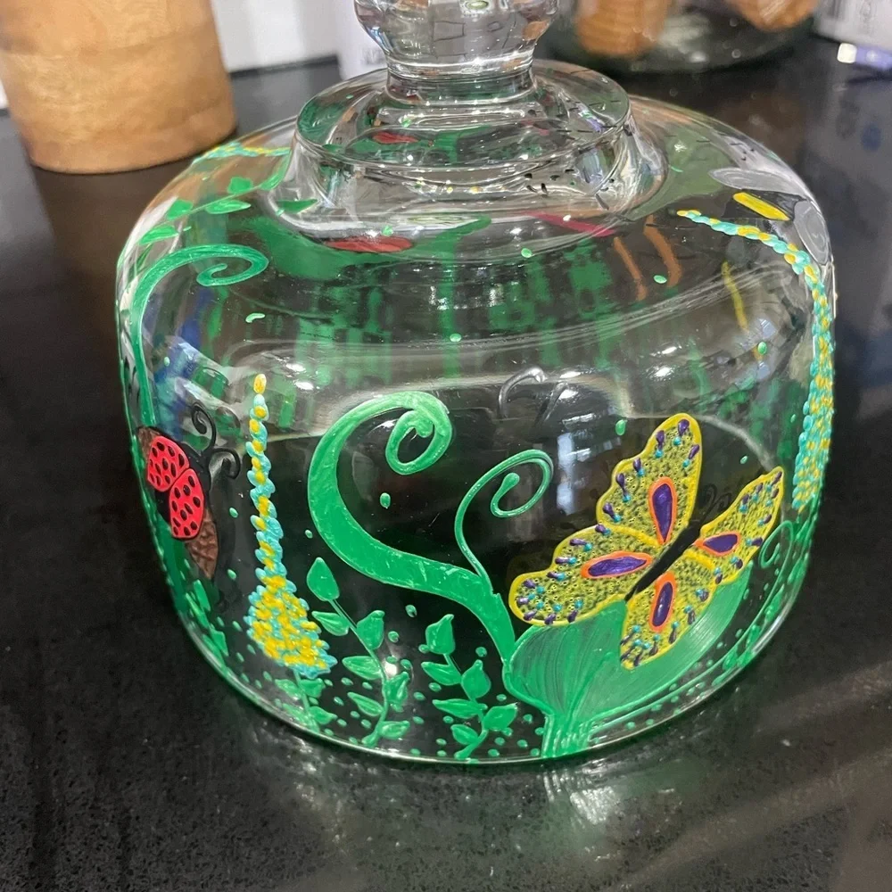 Hand-Painted Glass Cloche with Butterfly and Ladybug Accents